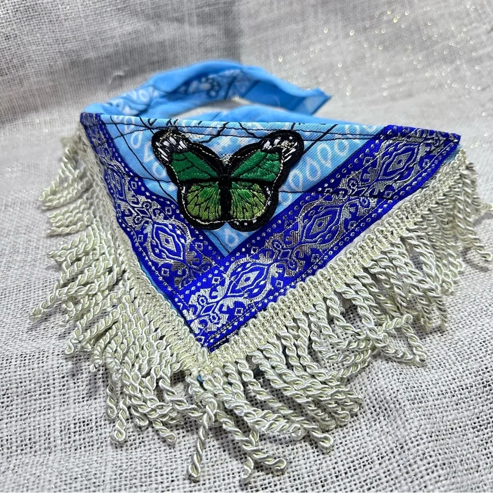 Fringe Blue Scarf, Silver Metallic Neckerchief Head Wrap 6x29 Handmade OOAK
